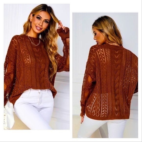 NWT! CONTRAST LACE POINTELLE KNIT DROP SHOULDER SWEATER IN RUST! - Picture 9 of 12